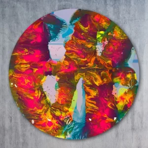 Abstrakte Malerei kaufen Köln - Diese runde Kunstwerk spricht besondrs durch seine hohe Farbbrillanz und die in sich verlaufenden Farben an.